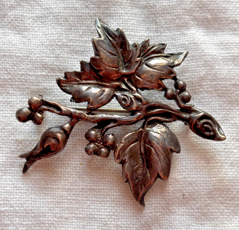 Grape Leaf Brooch 800 Silver Berry Vine Pin Antique European Figural Jewelry
